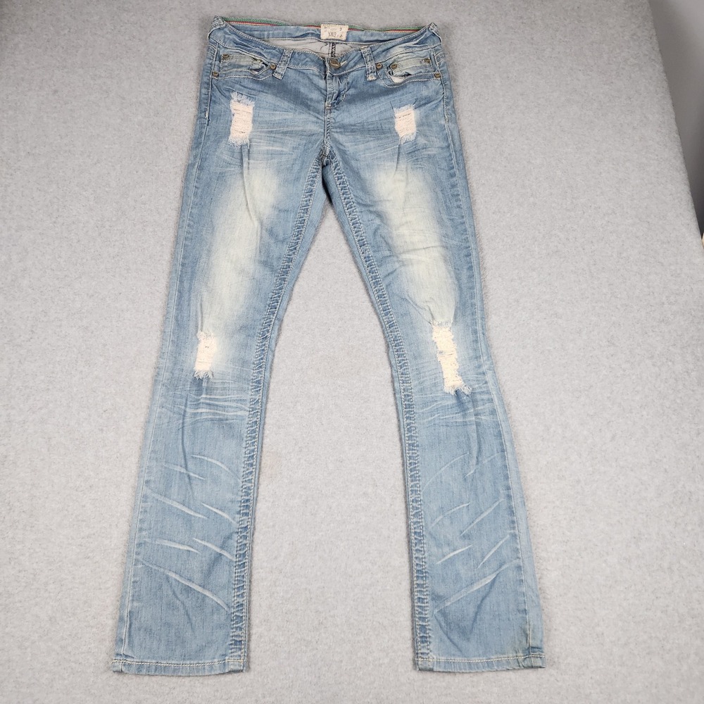 YNQ Jeans Womens 9 Blue Denim Distressed Low Rise Slim Straight Y2K Streetwear